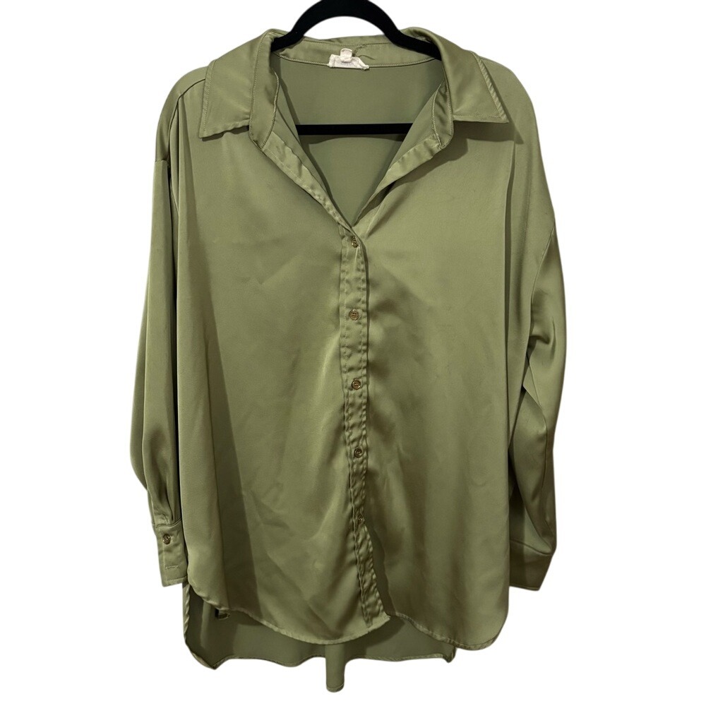 Entro Green Relaxed Satiny Long Sleeve Button Down - Picture 1 of 7